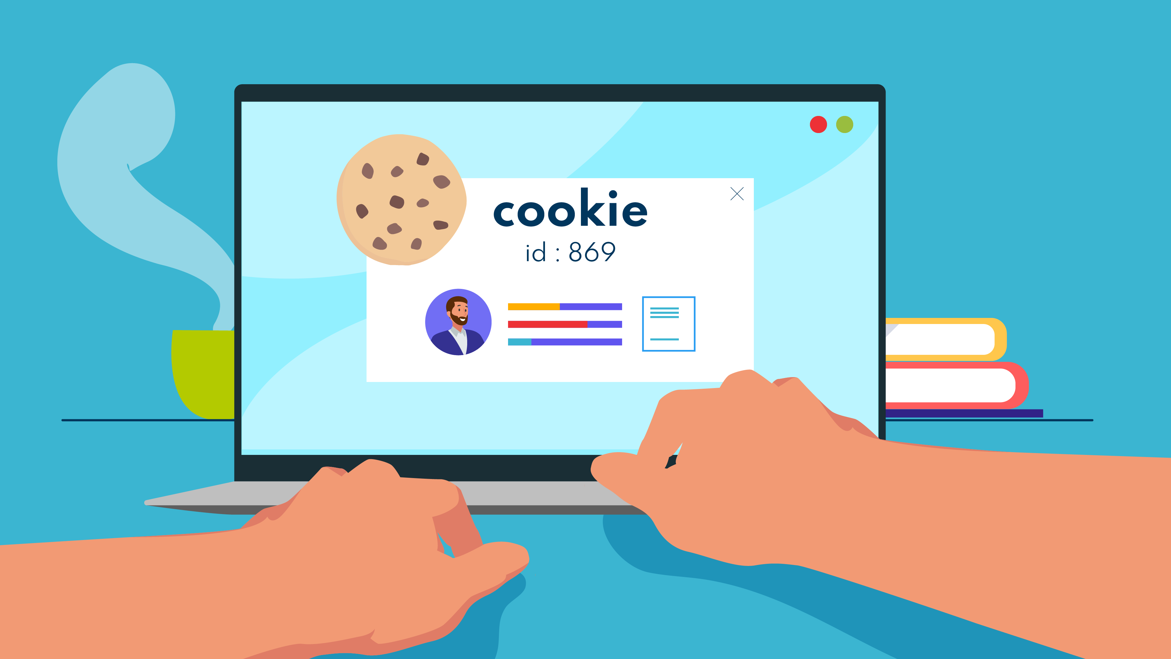 person typing on a keyboard and an ID card about cookies